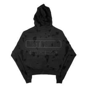 Hoodie tendance en coton mélangé, effet usé, avec logo personnalisé imprimé, couleur unie, nouveau look pour homme - Product Image 2