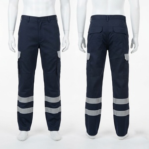 Pantalon de travail robuste en velours côtelé polycoton, imperméable aux acides, 240 GSM, bleu marine, avec bandes réfléchissantes et multiples poches - Product Image 1