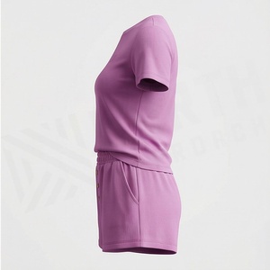 Women's 2 Piece Ribbed Short Sleeve T Shirt and Above Knee Shorts <b>Set</b> Solid Casual Spring Summer Wear - Product Image 3