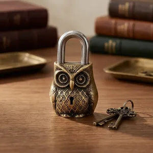 Candado de Latón con Diseño de Búho Vintage, Candado Decorativo con Forma de Pájaro Antiguo y Grabado Ornamental, Llaves de Esqueleto para Cofre, Puerta de Armario - Product Image 4