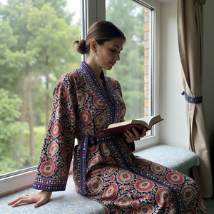 Suave algodón Paisley flecha diseño estampado Kimono bata vestido de talla grande ropa de dormir de mujer hecho a mano en la India - Product Image 2