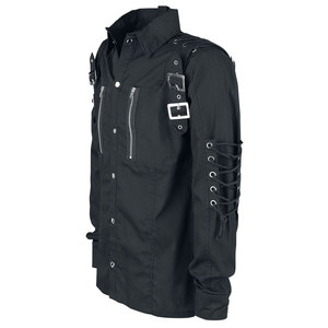 <b>Men's</b> Gothic Punk Shirt Long Sleeve Black Cotton Top with Buckle Straps Eyelet Lacing and Zipper Pockets Alternative Rock - Product Image 2