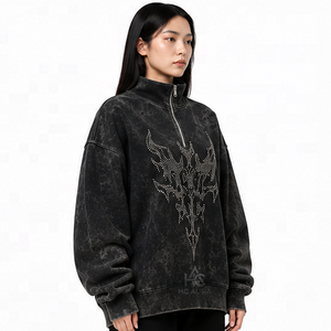 Sudadera Oversize de Felpa/Algodón con Lavado Ácido, Cuello Alto Simulado, Hombros Caídos, Color Negro, Premium, Estilo Urbano de Invierno, Muy Solicitada - Product Image 3