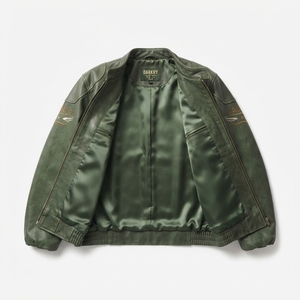 <b>Mens</b> Olive Green Distressed Leather Bomber <b>Jacket</b> Road 74 Embroidered Wing Patch Flight Outerwear Darkry Custom Factory Coat - Product Image 5