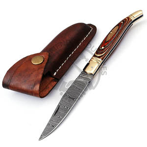 Couteau pliant haut de gamme en acier Damas avec étui en cuir, couteau de poche Laguiole de 8,5 pouces avec poignée en bois multicolore brun et bolster en laiton. - Product Image 2