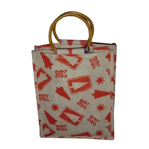Reusable Bag White Color Christmas Print Wooden Apple Shape Cane Handle Six Bottle Jute Burlap Wine Bag