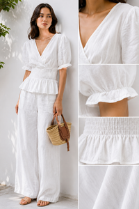 Women Two Piece Set Summer Casual 100% <b>Linen</b> V Neck Puff Sleeve Peplum <b>Top</b> And Wide Leg Pants Matching Outfits Wholesale - Product Image 4