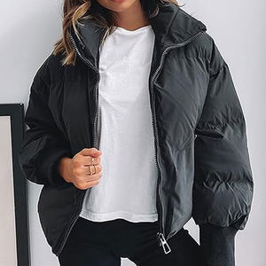 Women's Black Quilted Puffer <b>Jacket</b> With Stand Collar Full <b>Sleeve</b> Zipper Closure Thick Winter Wear Solid Color <b>Short</b> Length - Product Image 4