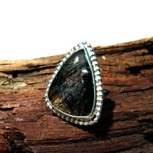 Natural <b>Black</b> Rutilated Quartz Gemstone 925 Sterling Silver Cushion Shape Handmade Bohemian Style Third Party Certified <b>Ring</b> - Product Image 6