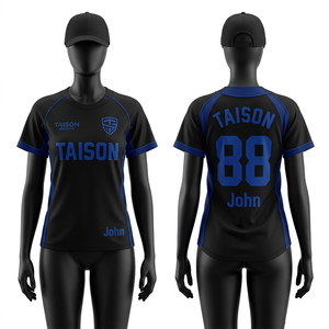 T-shirt de travail pour femme en polyester et élasthanne respirant, 160 GSM, noir avec empiècements bleus, impression de logo personnalisée par sublimation. - Product Image 1
