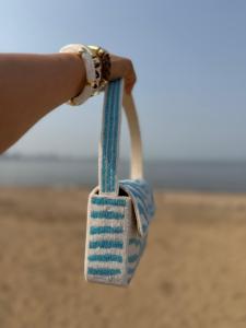 Beaded Clutch <b>Bag</b> with Geometric Pattern Blue and <b>White</b> Bohemian Style Single Strap Women's Beach Handbag - Product Image 3