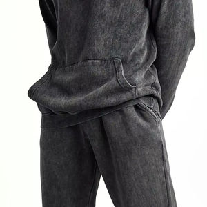 Sweat-shirt à capuche gris foncé pour homme, manches longues, couleur unie, coton lavé, coupe décontractée ample avec cordon de serrage et poches latérales - Product Image 2