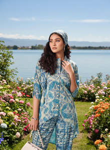 Ensemble coordonné de luxe à imprimé floral pour femme, kurta et pantalon asymétriques ethniques contemporains, avec foulard assorti, idéal pour les soirées, en polyester - Product Image 5
