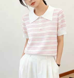 Women's Solid Knitted for Shirt Short Sleeve Casual Polyester/Cotton Quick Dry Breathable Regular Length - Product Image 1