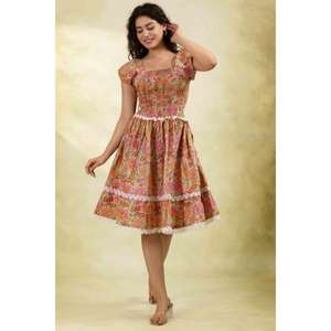 Robe midi smockée rose et orange à motifs floraux, manches bouffantes, col en U, à volants, en coton écologique, taille naturelle, pour soirée et tenue décontractée - Product Image 2