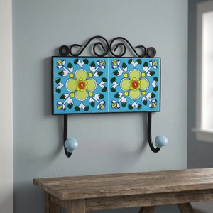 Porte-manteau mural rétro en céramique à motif floral avec 3 crochets, multifonctionnel pour vêtements et accessoires - Product Image 2