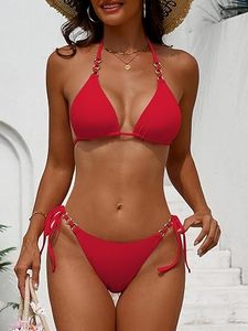 Sexy Red <b>Bikini</b> Set Halter Lace-Up Tie Side Swimwear Solid Color Stretch Wholesale Swim Suit Two Piece Beachwear - Product Image 4