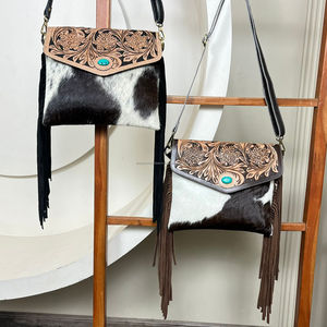 กระเป๋าสะพายพาดลำตัวหนังวัวขอบหนังวัวสำหรับผู้หญิงผมตะวันตกและกระเป๋าหินเทอร์ควอยซ์หนังแท้ - Product Image 4