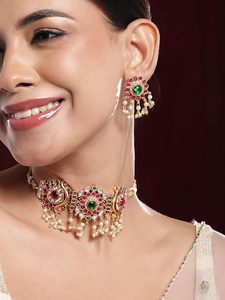Ensemble de colliers choker pour femmes, style vintage indien, motif floral, cristal traditionnel, imitation perle Kundan, alliage de haute qualité - Product Image 2