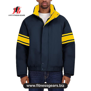 <b>Men's</b> Reversible <b>Varsity</b> <b>Jacket</b> Navy Yellow Striped Stand Collar Polyester Wadding Autumn Preppy Style - Product Image 1