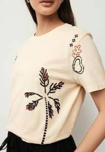 Camiseta de Algodón Negra con Bordado de Palmeras y Cuentas, Manga Corta, Cuello Redondo, Ropa Casual de Verano, Tops con Cuentas Cosidas a Mano - Product Image 3