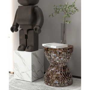 Warm Dark Brown Hourglass <b>Stools</b> Mother of Pearl Handcrafted Mosaic Small Side <b>Table</b> Living Room Bedroom Decor Use - Product Image 4