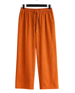 Ensemble deux pièces en lin orange brûlé pour femme, chemise à manches longues boutonnée et pantalon large à taille élastique, tenue décontractée - Product Image 5