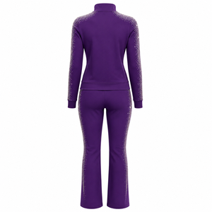 Survêtement de luxe pour femme avec strass, détails en cristal étincelant, matière douce, coupe confortable, veste zippée, pantalon assorti, OEM - Product Image 2