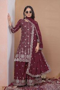 Listo para comprar: Conjunto de Kurti, pantalón y dupatta de estilo afgano con bordado pesado y lentejuelas en colores brillantes, largo hasta la rodilla, para mujer. - Product Image 4