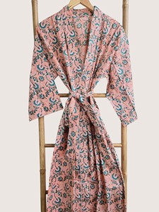Bata Larga Estampada Floral para Mujer, Manga Tres Cuartos, Cuello Vuelto, 100% Poliéster Suave, Cierre con Cordón, Ideal para Primavera - Product Image 4