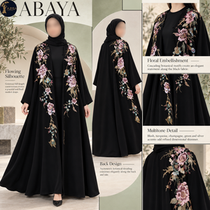 Abaya Floral Artesanal con Frente Abierto para Mujer, con Mangas Largas, Túnica Negra Fluida |   Moda Musulmana con Bordado Botánico Multicolor - Product Image 5