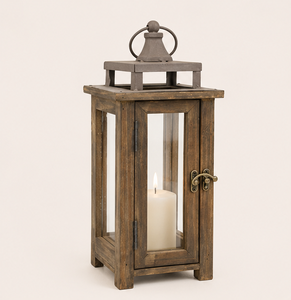 Rustic Wooden Candle <b>Lantern</b> with Metal Top and Glass Panels - Distressed Vintage Decorative <b>Hurricane</b> <b>Lantern</b> Lowest Price - Product Image 1