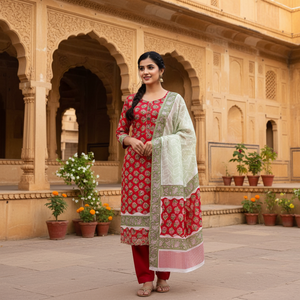 Conjunto de Pijama Kurti Sarong de Algodón con Estampado Floral Rojo y Blanco |   Ropa de Resort Hecha a Mano con Estampado de Bloques de Alta Calidad |   Conjunto Informal de Boutique - Product Image 2