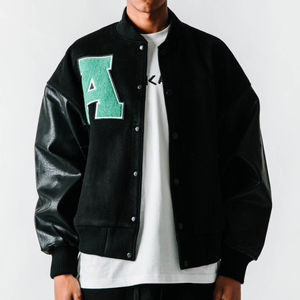 Chaqueta Bomber Varsity de Invierno para Hombre, Estilo Urbano, 100% Lana, Transpirable, con Parches Bordados de Cristal y Mangas de Cuero Genuino - Product Image 1