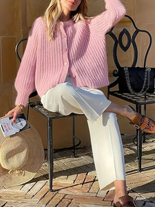 Cárdigan Corto de Punto Rosa para Mujer, Suéter de Manga Larga con Cuello Redondo y Botones al Frente, Ropa Casual de Otoño, 100% Acrílico, Hecho a Mano - Product Image 3