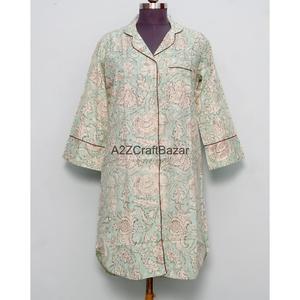 Vestido Midi 100% Algodón Puro con Estampado Floral a Mano, Cuello Camisero, Mangas Campana, Ecológico, Transpirable, Corte Recto, Casual - Product Image 1