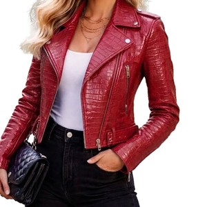 Red Women Croco Embossed Leather <b>Jacket</b> Woven Finished <b>Waterproof</b> Bomber <b>Jacket</b> OEM Custom Service Available - Product Image 5