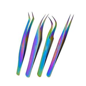 Juego de 4 Pinzas de Acero Inoxidable de Primera Calidad con Recubrimiento de Titanio Arcoíris, Puntas Rectas y de 45 Grados para Extensión de Pestañas - Product Image 1
