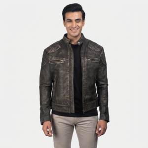 Veste en cuir marron vieilli pour hommes, de haute qualité, nouveau style avec col à capuche et décoration en fourrure - Product Image 4