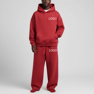 Men's Red Hoodie And Sweatpants <b>Set</b> Solid Color Casual Wear With Logo Print Front Heat Transfer Printing 100% Cotton Tracksuit - Product Image 5