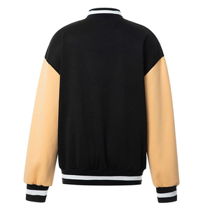 Unisex Black Leather Varsity Jacket Beige Sleeves Stand Collar Horn <b>Button</b> Closure Eco-Friendly Windproof Casual Winter Wear - Product Image 2