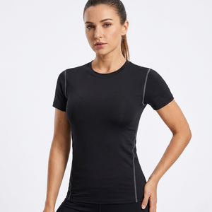 Camiseta Deportiva de Manga Corta para Hombre, Negra, de Secado Rápido, Corte Ajustado, Cuello Redondo, Tejido de Poliéster, Color Sólido - Product Image 3