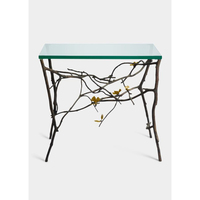 Table d'appoint de luxe pour salon, hôtel, maison, avec plateau rond en verre, décorée de fleurs et de bourgeons dorés et noirs, design élégant.