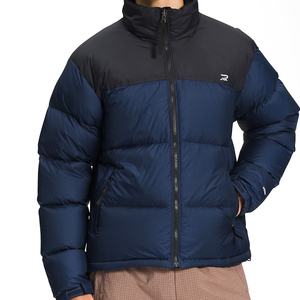 Men's Navy Blue Puffer Jacket Stand Collar Zipper Closure Windproof Casual Winter Coat Regular Fit Polyester Filling - Product Image 4