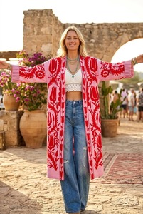 Bata de mujer con cuello en V, 100% algodón, 480g, reversible, bordada con motivos florales azules, hecha a mano, tipo kimono largo, con cinturón, para estar en casa o descansar. - Product Image 2