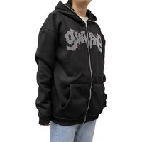 Sudadera con Capucha Negra Unisex Oversize con Pedrería, de Forro Polar y Algodón, Estilo Casual, para Otoño, Corte Regular, Color Liso, con Bolsillos
