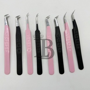 <b>Top</b> Demand Professional Pink Black Color Sustainable Curved Tip 90 Degree Boot Volume Eyelash Extension Tweezers Heart Handle - Product Image 1