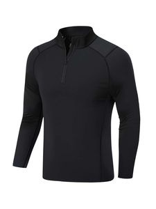 Haut de sport pour homme noir uni en maille à col montant, manches longues, quart de zip, séchage rapide, compression, fitness, gym - Product Image 2