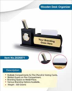 Luxury Office <b>Desk</b> Organiser with <b>Clock</b>, Memo Holder & Custom Logo Plate Wooden Executive <b>Desk</b> Set with Pen Stand, Card Holder, - Product Image 2