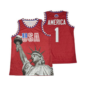 Camiseta de Baloncesto de EE. UU. con Estampado Sublimado de la Estatua de la Libertad, Roja, Unisex, para Adultos, de Secado Rápido, de Poliéster - Product Image 1